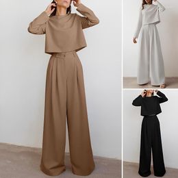 Women's Two Piece Pants Women's Trouser Sets Commuter Brown Fashion Korean Long Sleeve Cotton Set Spring Autumn Vintage Classic Palazzo