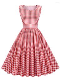 Casual Dresses 2023 Gingham 1950s Pinup Rockabilly Cotton For Women O-Neck Sundress Sleeveless High Waist Plaid Pleated Vintage Dress