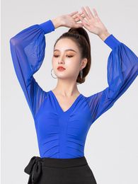 Stage Wear Mesh Dance Suit Women Rompers Women's Latin Elegant Tango Clothes Pleated Festival Outfit Adult Fantasy Girls Slim Fit Top