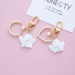 Creative Retro White Angel Keychain Charms Earphone Case Key Holder Girl Cute Pearl Key Ring Women Bag Ornaments Accessories