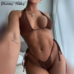 Women's Swimwear Vamos Todos 2021 Summer Brown String Bikini 2 Piece Set Women Sexy Beach Outfit Bathing Swimming Suit Hot Swimsuit Free Size T230524