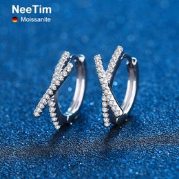 Stud NeeTim 925 Sterling Silver Real Moissanite Diamond Earrings X Letter Leverback Hoop Earring Wedding Party Fine Jewellery For Women