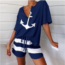Women's Tracksuits 2023 Summer Women's V-neck Boat Anchor Print Tracksuit Short Sleeve Top And Wide Leg Shorts Two Piece Set Loose Slim