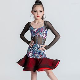 Stage Wear 2023 Latin Dance Dress Girls Leopard Printed Mesh Long Sleeves Cha Rumba Ballroom Costume Show DNV17635