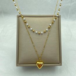 Pendant Necklaces Gold Plated Stainless Steel Layered Long For Women With Heart And Pearl Chains