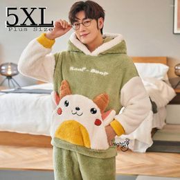 Men's Sleepwear Oversize Winter Man Hooded Collar Pyjamas Set Warm Flannel Outwear Coral Fleece Thick Nightwear M-5XL Pyjama