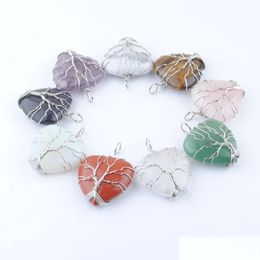 Pendant Necklaces Natural Stone Pendants Wire Wrap Handmade Tree Of Life Heart Shape Beads Amethyst Opal Bn446 Drop Delivery Jewellery Dhnsc