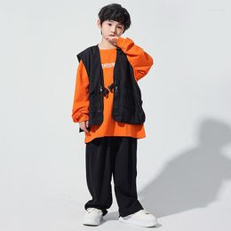 Stage Wear Kids Street Hip Hop Clothing Black Vest Orange Long Sleeve T Shirt Baggy Pants Boy Jazz Dance Costume Teen Concert Clothes