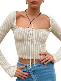 Women's T Shirts Women's Spring Autumn Knit Slim Tops Beige Long Sleeve Square Neck Tie Up Knitwear
