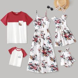 Family Matching Outfits All Over Floral Print Spaghetti Strap Dresses and Colorblock Short-sleeve T-shirts Sets