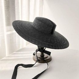 Berets Large Brim Wheat Straw Hat Summer Hats For Women 10cm/15cm/18cm With Black&White Ribbon Beach Cap Boater Flat Top Sun