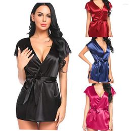 Women's Sleepwear Satin Women Pyjama Short Robe For Ladies V Neck Nightgown Sexy Sleepdress Soft Lingerie Bathrobe Silk Like Home Clothing