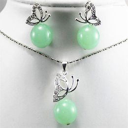 Necklace Earrings Set FYS011 Real Pink/green / Pink 12MM Silver Color Sea Shell Pearl /jadestone & Pendant Gifts Women Free Chain