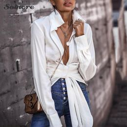 Women's Blouses & Shirts Sexy Top Shirt Classic White Long Sleeve Blouse Lace Up Knot OL Belt Female Tunic Autumn Outwear