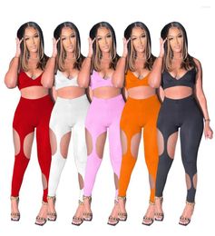 Women's Two Piece Pants 2023 Summer Solid Color Backless Bandage Crop Top Hollow Out Set For Women Streetwear Sports Club Matching Suit