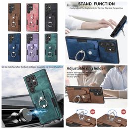 Finger Ring Holder Card Pocket Cases For Samsung S23 Ultra S22 Plus S21 FE A14 A54 A34 A33 5G A04E Retro Leather Car Bracket Magnetic Stand Hard Plastic TPU Phone Cover