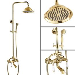 Bathroom Shower Sets Luxury Gold Brass 2 Ceramic Handle Wall Mounted Bathroom Rain Shower Head Bath Tub Faucet Set Telephone Shape Hand Spray mgf363 G230525