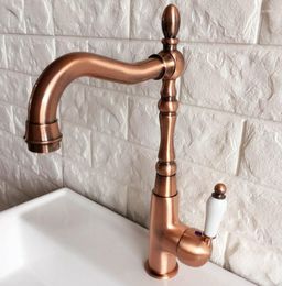Kitchen Faucets Antique Red Copper Brass Bathroom Basin Sink Faucet Mixer Tap Swivel Spout Single Handle One Hole Deck Mounted Mnf419