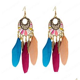 Dangle Chandelier Ethnic Boho Red Black Blue Mticolor Feather Earring For Women Drip Oil Metal Tassel Earrings Jewellery Accessories Dhslh