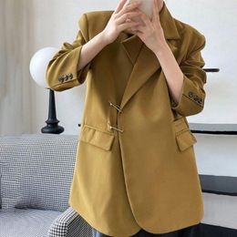 Women's Suits 2023 Spring Women Pins Design Draping Blazer Female Korean Casual Loose Solid Colour Suit Jacket Fashion Notched Collar Coat