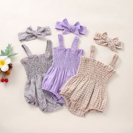 Rompers Baby Girls 2Pcs Summer Outfits Sleeveless Frill Smocked Strap Romper with Headband Set 230525