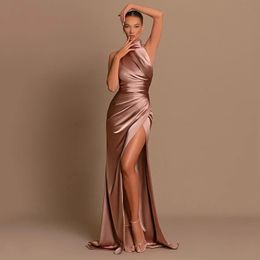 Sexy Long Prom Evening Dress 2023 High Neck Pleat Sleeveless Satin Floor Length Side Slit Night Party Gowns Engagement Robe De Soiree