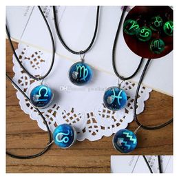 Pendant Necklaces 12 Zodiac Signs Luminous Necklace Women Glow In The Dark Horoscope Glass Gemstone Black Leather Wax Rope Chains Fo Dhyzm