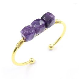 Bangle FYJS Unique Light Yellow Gold Colour Geometric Shape Stackable Amethysts Crystal Open Tiger Eye Stone Jewellery