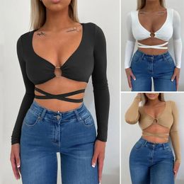 Women's T Shirts Womens Fashion T-Shirt Sexy Style Hollow-out Deep V-neck Cropped Top Long Sleeve Crop Tops Strappy Slim Fit