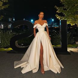 A-line Prom Dress 2023 Spring Satin Off the Shoulder V Neck High Slit Long Evening Gown Formal Elegant Vestidos De Gala