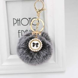 Key Rings 8cm artificial DIY keychain rabbit fur bag fluffy ball gold buckle circular bow pearl pendant Pom Poms black G230525