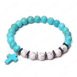 Beaded Natural Lava Stone White Howlite Turquoises Beads Bracelets Cross Charm Bracelet Female Male Fashion Jewelry Homme Gift Drop D Dhu87