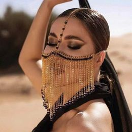 Other Fashion Accessories INS Mystical Black Crystal Gem Pendant Facial Tassel Mask Cover Face Jewellery for Women Metal Chain Headband Headgear Accessor J230525