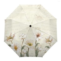 Umbrellas Flower Retro Plant Pastoral Style Automatic Parasol Folding Umbrella Male Women Printed Lightweight Rain Gear