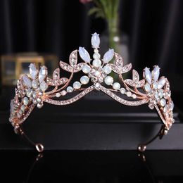 Other Fashion Accessories Baroque Luxury Pink Crystal Beads Leaves Bridal Tiaras Crowns Rhinestone Pageant Diadem Bride Headbands Wedding Hair Access J230525