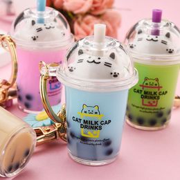 New Cartoon Cat Car Keychain Mini Milk Tea Cup Keychain Liquid Crystal Quicksand Sequin Key Ring Bag Pendant for Women