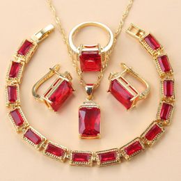 Necklace Earrings Set Nigeria Bridal Wedding Costume Red Stone Hoop And Gold Colour African For Women Rings Sets