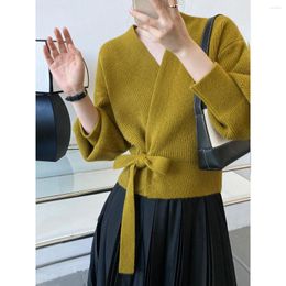 Women's Knits Elegant V-neck Cardigans Women Fall Long Sleeve Loose Sweaters Winter Solid Lace Up Jersey Korean Fashion S046