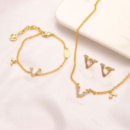 3Style Jewelry Sets Wristband Bangle Bracelet Earrings & Necklace Chain Designer Copper Zircon Stud Pendant Necklaces Gold Plated Letter Earrings For Women Gifts