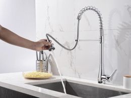 Kitchen Faucets Free Ship Modern Tall/High Pull-out/Pull-down Chrome Color Sprayer Mixer Tap Single Hole /handle Deck Mounted