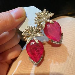 Statement Fashion Baroque Hot Pink Resin Water Drop Flower Dangle Earrings For Women Personality New Pendientes
