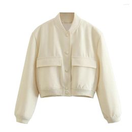 Women's Jackets Women's 2023 Spring Fashion Big Pocket Flying Jacket Casual Retro Pleated Snap Collar Stand Up Unique Female Top