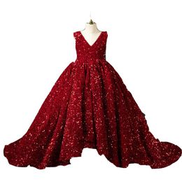 Sequins Dark Red Puffy Flower Girls Dresses For Wedding V Neck Sequined Lace Children Kids Party Communion Gowns High Low Length Ball Gown