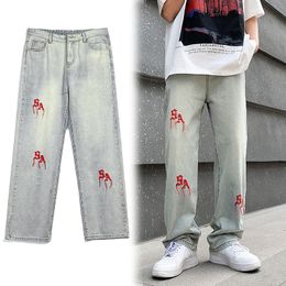 Men's Jeans DEEPTOWN Y2K Embroidered Straight Jeans Men Retro Red Letter Loose Denim Pants Casual Hip Hop Trousers Male Streetwear Fashion 230524