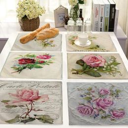 Table Mats TOP Natural Jute Burlap Rose Flowers Printed Place Mat Pad Cloth Placemat Cup Tea Christmas Wedding Doily Kitchen