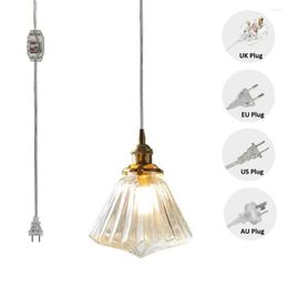 Pendant Lamps NuNu 1 PCS Retro Glass Lampshade Diamond Shape Copper Holder Ceiling Light Fixture With Plug-in Dimmer Cord For Kitchen Island