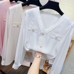 Women's Blouses Spring Fashion Button Up Satin Silk Shirt Vintage Blouse Women Office Lady Sheer Top Korean Ladies A42