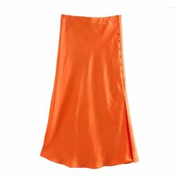 Skirts Summer Women Satin Elastic Waist Side Slit A-Line Skirt Fashion Lady Button Decoration Falda Midi LUJIA ALAN P1597