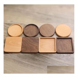 Mats Pads Wooden Coaster Round Square Natural Beech Wood Black Walnut Cup Mat Coffee Caps Bowl Plates Drop Delivery Home Garden Ki Dhk03