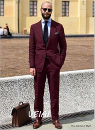 Men's Suits Tailored Made Burgundy Pink Linen Men Suit Slim Fit 2 Piece Groom Tuxedo Blazer Wedding Terno Masculino Jacket Pant